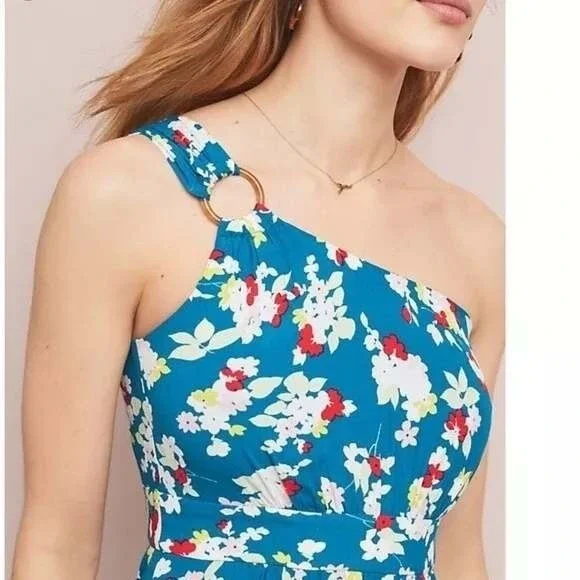 Anthropologie One‎ Shoulder Floral Maxi Dress Teal Ring Strap Petite 12P NWT - Picture 2 of 15